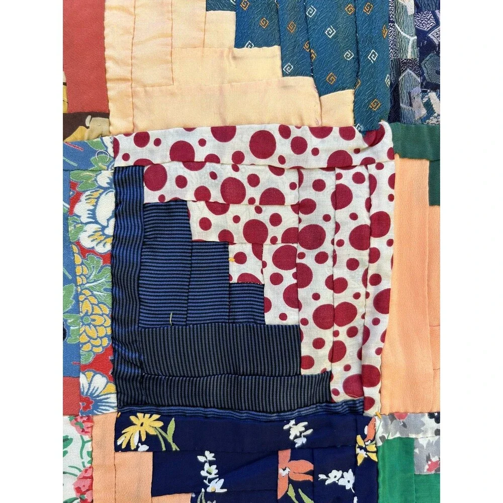 Antique Log Cabin In Rows Quilt Hand Pieced Hand Tied 1930s 40s Silk Rayon